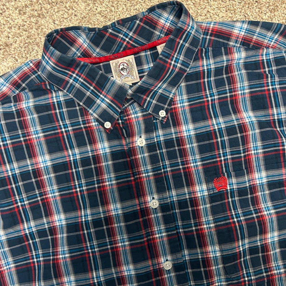 Cinch Men's Blue Plaid‎ Cotton Button Down Shirt Size Large Pocket Preppy